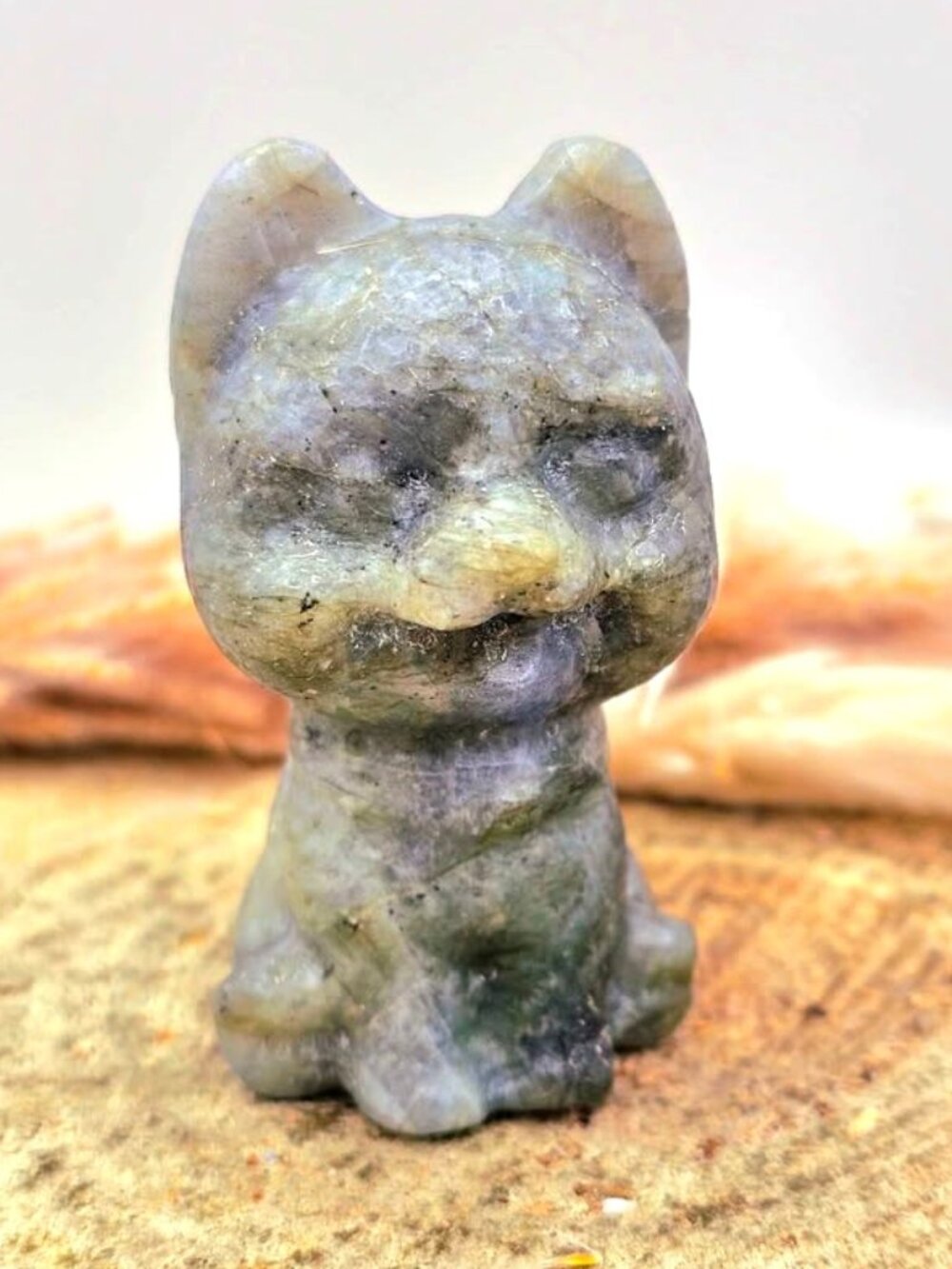 Nature Labradorite Carved Cheerful Dog Figure